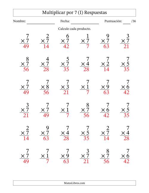 La hoja de ejercicios de Multiplicar (Factores de 1 a 9) por 7 (36 Preguntas) (I) Página 2