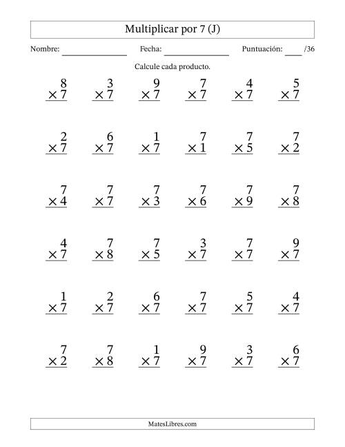 La hoja de ejercicios de Multiplicar (Factores de 1 a 9) por 7 (36 Preguntas) (J)