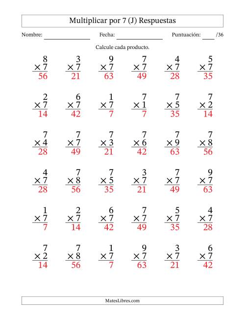 La hoja de ejercicios de Multiplicar (Factores de 1 a 9) por 7 (36 Preguntas) (J) Página 2
