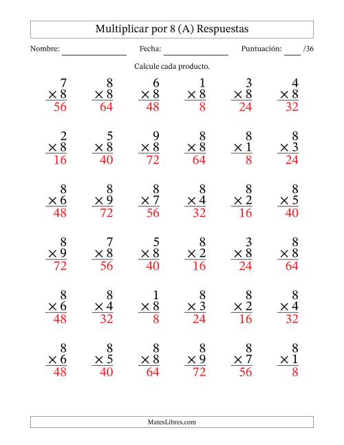 La hoja de ejercicios de Multiplicar (Factores de 1 a 9) por 8 (36 Preguntas) (A) Página 2