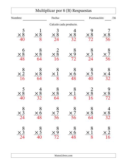 La hoja de ejercicios de Multiplicar (Factores de 1 a 9) por 8 (36 Preguntas) (B) Página 2