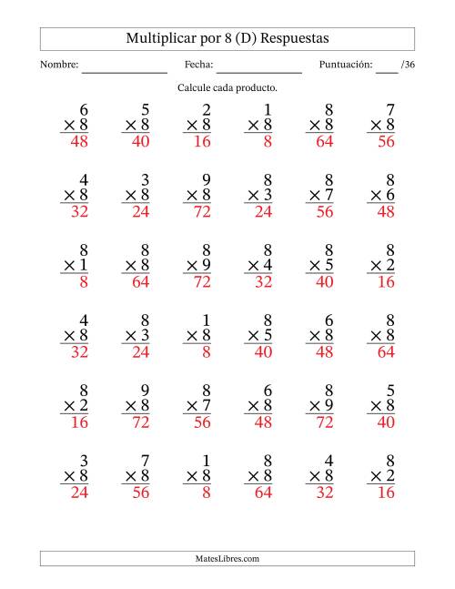 La hoja de ejercicios de Multiplicar (Factores de 1 a 9) por 8 (36 Preguntas) (D) Página 2