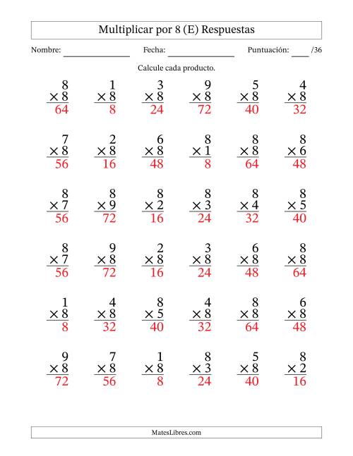 La hoja de ejercicios de Multiplicar (Factores de 1 a 9) por 8 (36 Preguntas) (E) Página 2