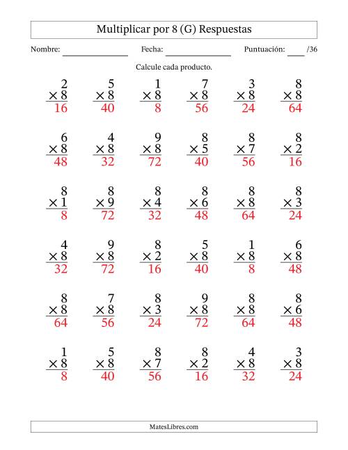 La hoja de ejercicios de Multiplicar (Factores de 1 a 9) por 8 (36 Preguntas) (G) Página 2