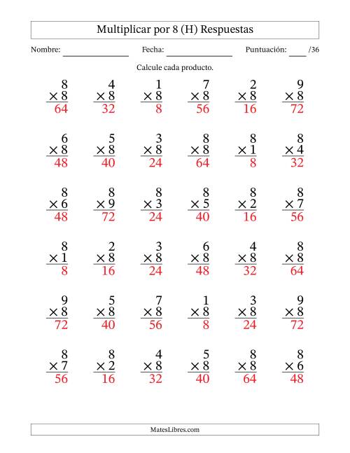 La hoja de ejercicios de Multiplicar (Factores de 1 a 9) por 8 (36 Preguntas) (H) Página 2