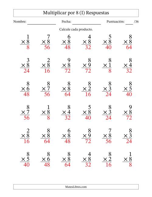 La hoja de ejercicios de Multiplicar (Factores de 1 a 9) por 8 (36 Preguntas) (I) Página 2