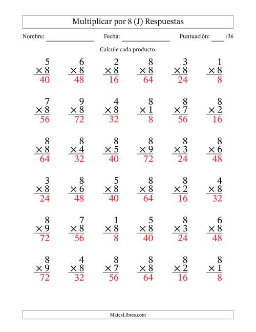 La hoja de ejercicios de Multiplicar (Factores de 1 a 9) por 8 (36 Preguntas) (J) Página 2