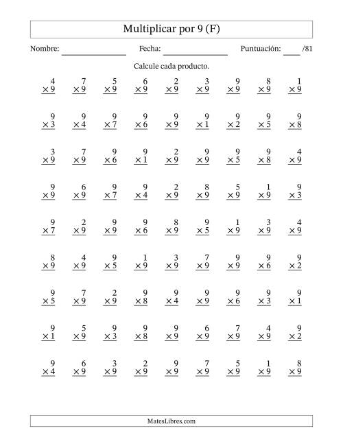 La hoja de ejercicios de Multiplicar (Factores de 1 a 9) por 9 (81 Preguntas) (F)
