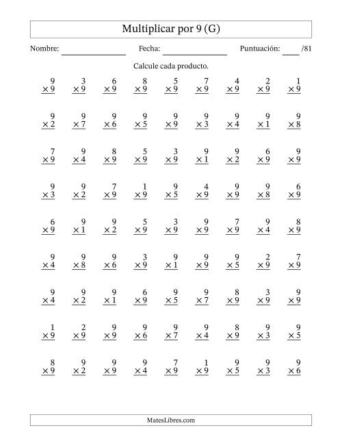 La hoja de ejercicios de Multiplicar (Factores de 1 a 9) por 9 (81 Preguntas) (G)