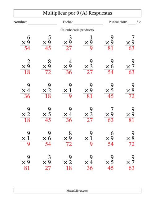 La hoja de ejercicios de Multiplicar (Factores de 1 a 9) por 9 (36 Preguntas) (A) Página 2