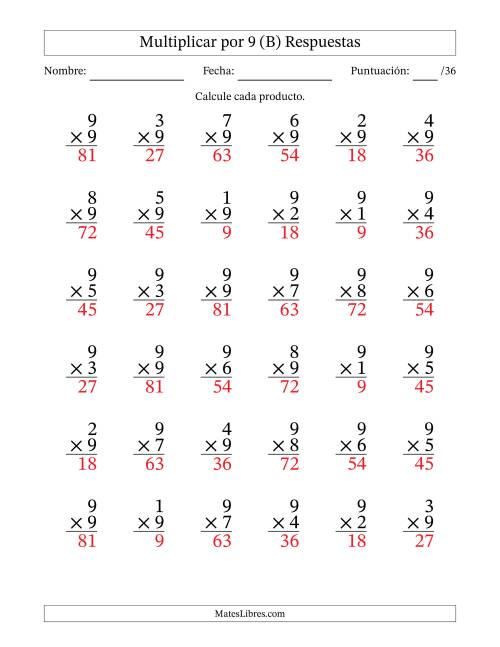 La hoja de ejercicios de Multiplicar (Factores de 1 a 9) por 9 (36 Preguntas) (B) Página 2
