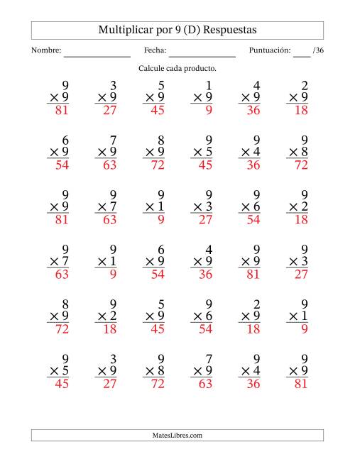 La hoja de ejercicios de Multiplicar (Factores de 1 a 9) por 9 (36 Preguntas) (D) Página 2
