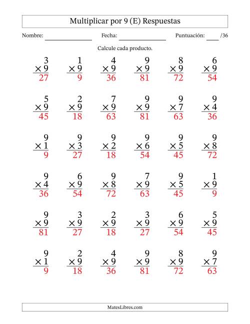 La hoja de ejercicios de Multiplicar (Factores de 1 a 9) por 9 (36 Preguntas) (E) Página 2