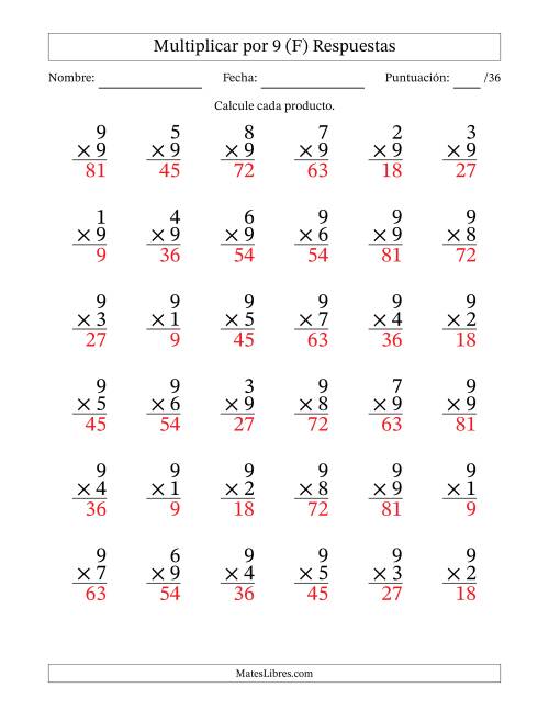 La hoja de ejercicios de Multiplicar (Factores de 1 a 9) por 9 (36 Preguntas) (F) Página 2