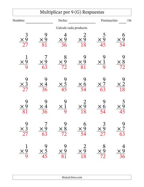 La hoja de ejercicios de Multiplicar (Factores de 1 a 9) por 9 (36 Preguntas) (G) Página 2