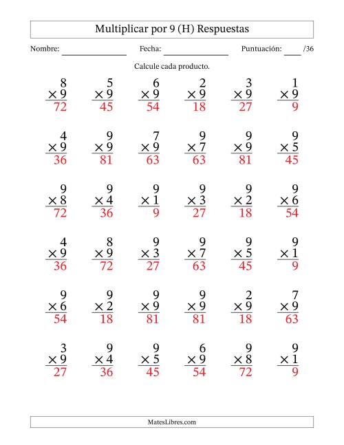 La hoja de ejercicios de Multiplicar (Factores de 1 a 9) por 9 (36 Preguntas) (H) Página 2