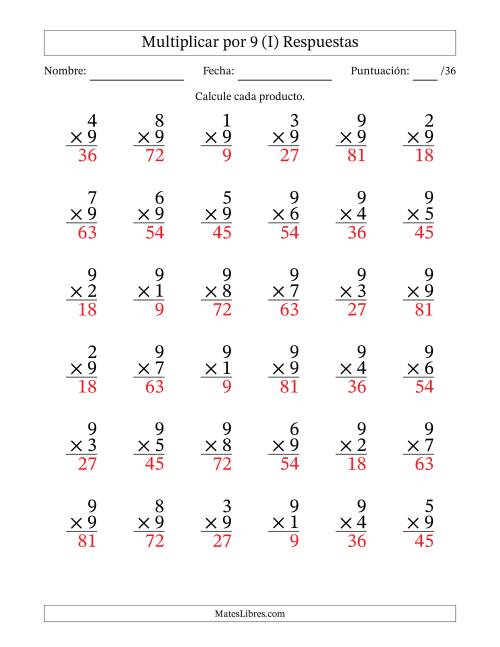 La hoja de ejercicios de Multiplicar (Factores de 1 a 9) por 9 (36 Preguntas) (I) Página 2