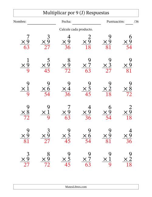 La hoja de ejercicios de Multiplicar (Factores de 1 a 9) por 9 (36 Preguntas) (J) Página 2