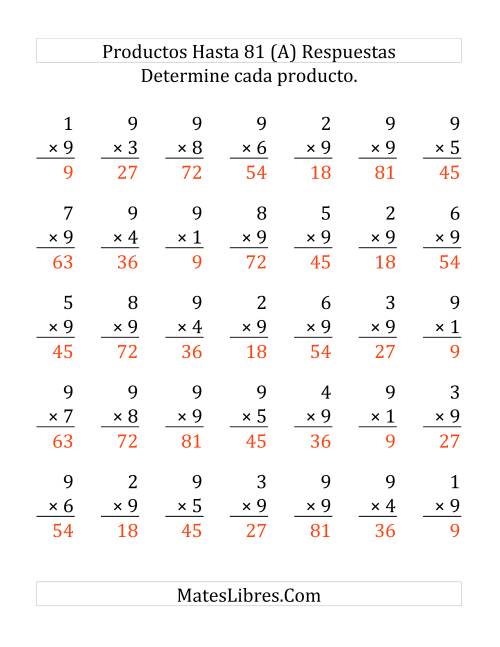 La hoja de ejercicios de Multiplicar de 1 a 9 por 9 (Grande) Página 2