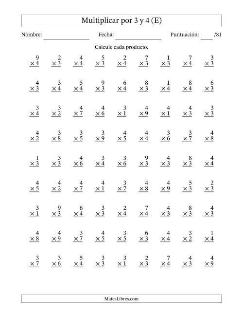 La hoja de ejercicios de Multiplicar (Factores de 1 a 9) por 3 y 4 (81 Preguntas) (E)