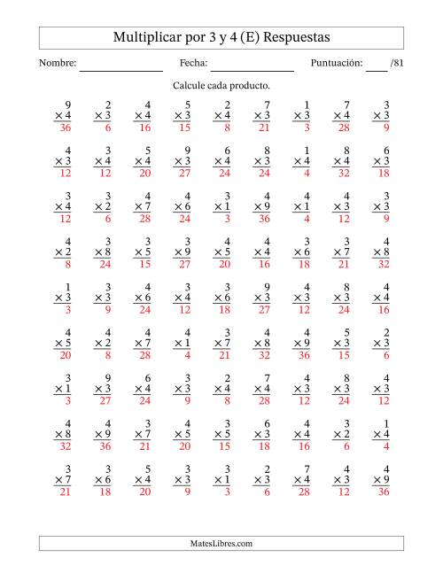 La hoja de ejercicios de Multiplicar (Factores de 1 a 9) por 3 y 4 (81 Preguntas) (E) Página 2