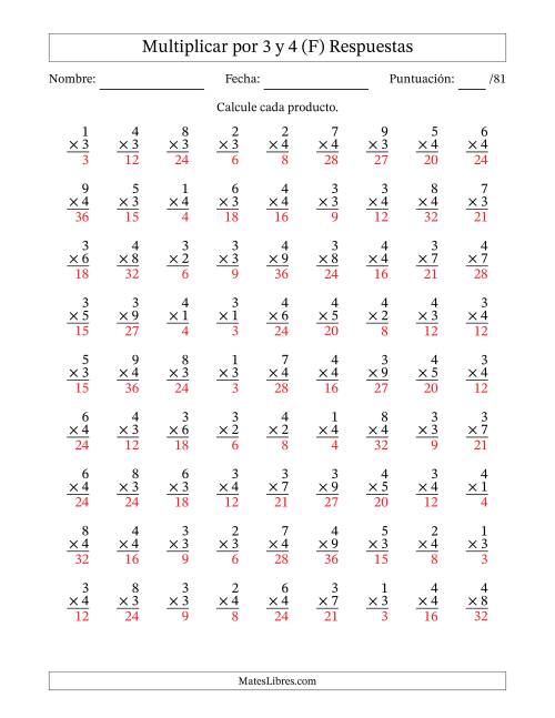 La hoja de ejercicios de Multiplicar (Factores de 1 a 9) por 3 y 4 (81 Preguntas) (F) Página 2
