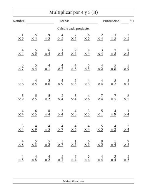 La hoja de ejercicios de Multiplicar (Factores de 1 a 9) por 4 y 5 (81 Preguntas) (B)