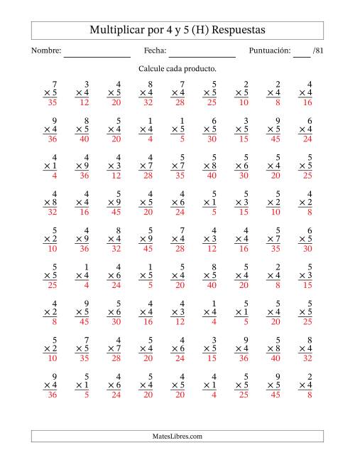 La hoja de ejercicios de Multiplicar (Factores de 1 a 9) por 4 y 5 (81 Preguntas) (H) Página 2
