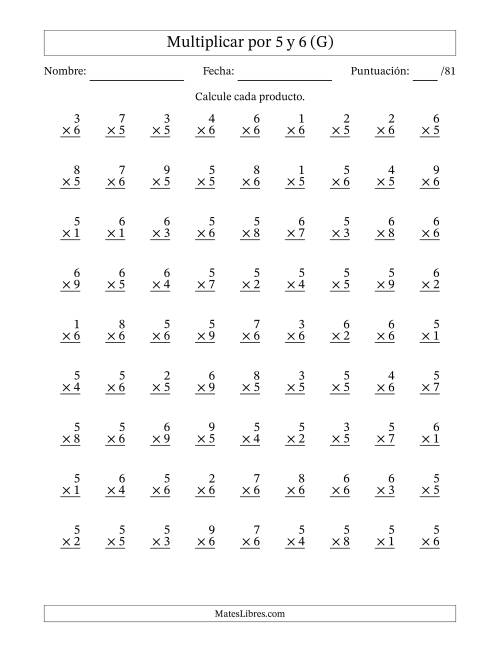 La hoja de ejercicios de Multiplicar (Factores de 1 a 9) por 5 y 6 (81 Preguntas) (G)