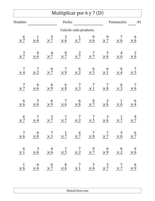La hoja de ejercicios de Multiplicar (Factores de 1 a 9) por 6 y 7 (81 Preguntas) (D)