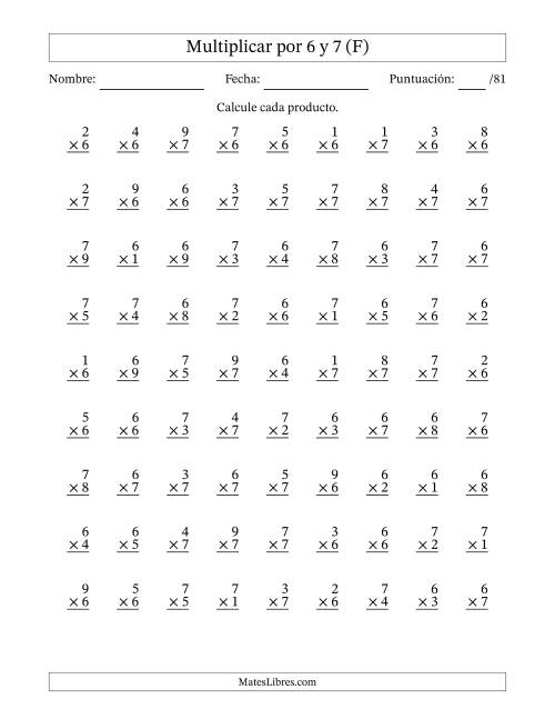 La hoja de ejercicios de Multiplicar (Factores de 1 a 9) por 6 y 7 (81 Preguntas) (F)