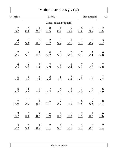 La hoja de ejercicios de Multiplicar (Factores de 1 a 9) por 6 y 7 (81 Preguntas) (G)