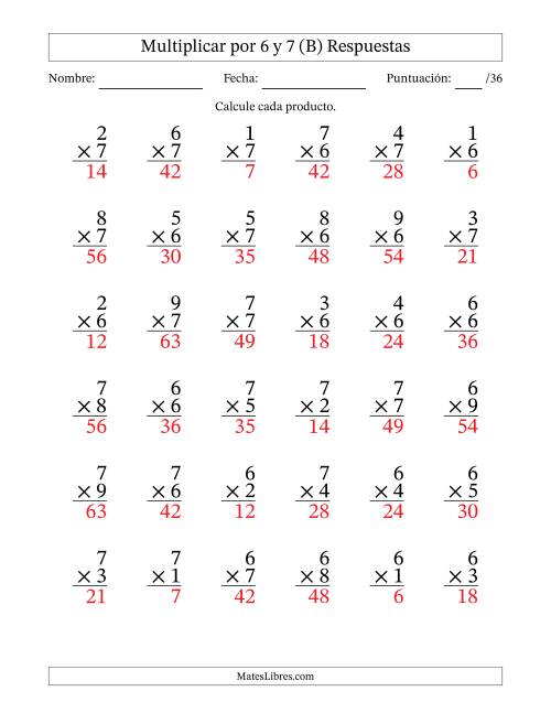 La hoja de ejercicios de Multiplicar (Factores de 1 a 9) por 6 y 7 (36 Preguntas) (B) Página 2