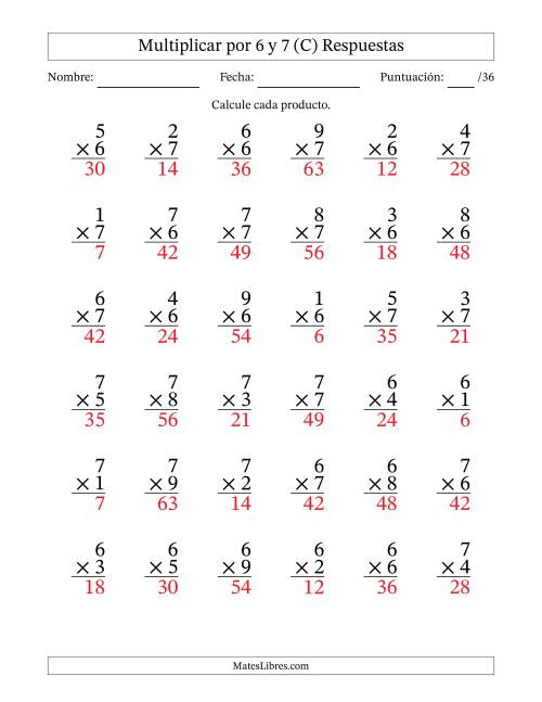 La hoja de ejercicios de Multiplicar (Factores de 1 a 9) por 6 y 7 (36 Preguntas) (C) Página 2