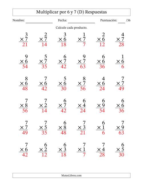La hoja de ejercicios de Multiplicar (Factores de 1 a 9) por 6 y 7 (36 Preguntas) (D) Página 2