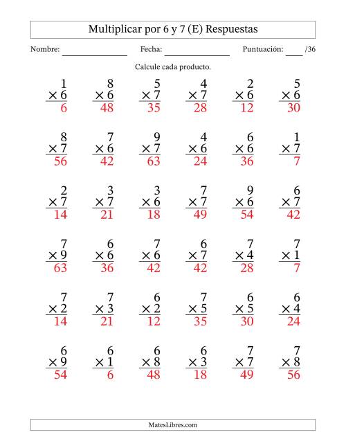 La hoja de ejercicios de Multiplicar (Factores de 1 a 9) por 6 y 7 (36 Preguntas) (E) Página 2