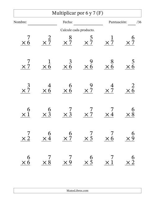 La hoja de ejercicios de Multiplicar (Factores de 1 a 9) por 6 y 7 (36 Preguntas) (F)