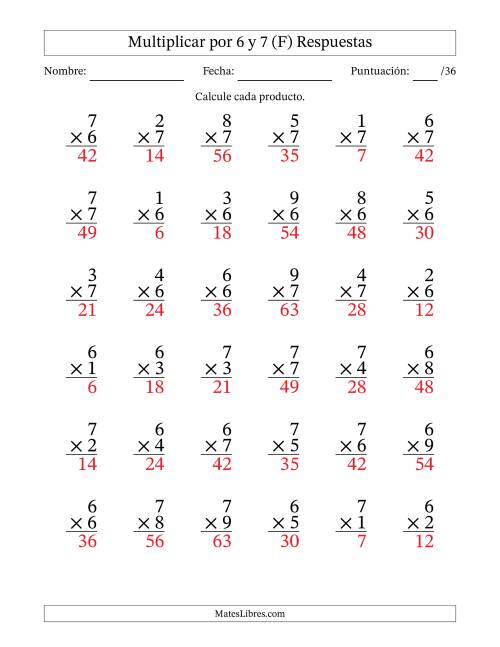 La hoja de ejercicios de Multiplicar (Factores de 1 a 9) por 6 y 7 (36 Preguntas) (F) Página 2