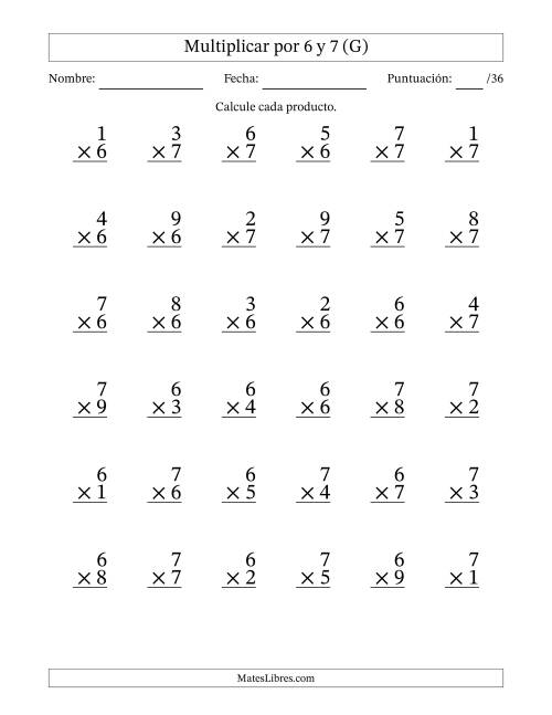 La hoja de ejercicios de Multiplicar (Factores de 1 a 9) por 6 y 7 (36 Preguntas) (G)