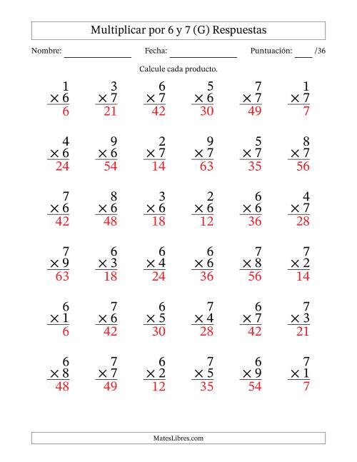 La hoja de ejercicios de Multiplicar (Factores de 1 a 9) por 6 y 7 (36 Preguntas) (G) Página 2