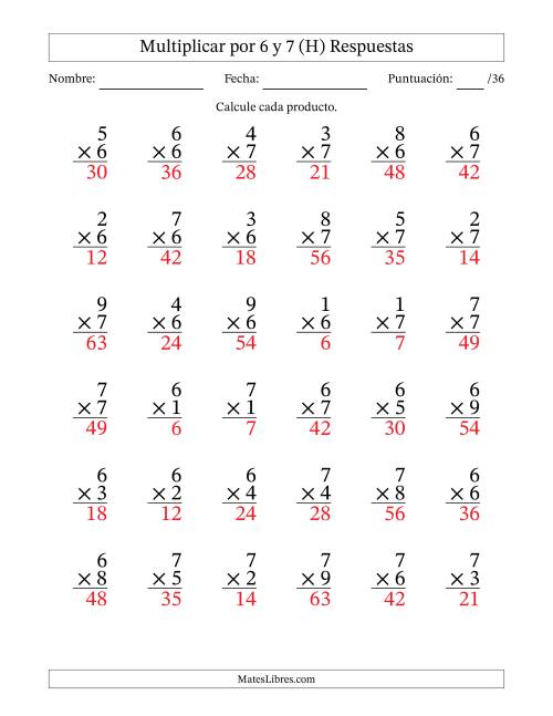 La hoja de ejercicios de Multiplicar (Factores de 1 a 9) por 6 y 7 (36 Preguntas) (H) Página 2