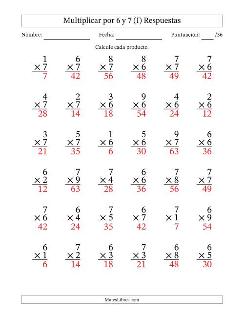 La hoja de ejercicios de Multiplicar (Factores de 1 a 9) por 6 y 7 (36 Preguntas) (I) Página 2