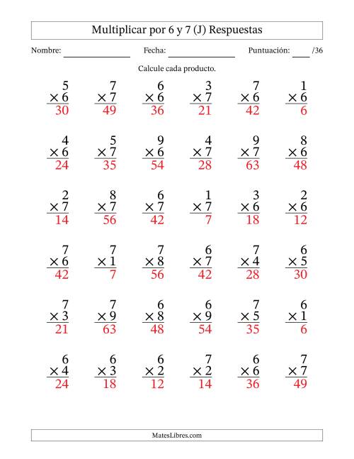 La hoja de ejercicios de Multiplicar (Factores de 1 a 9) por 6 y 7 (36 Preguntas) (J) Página 2