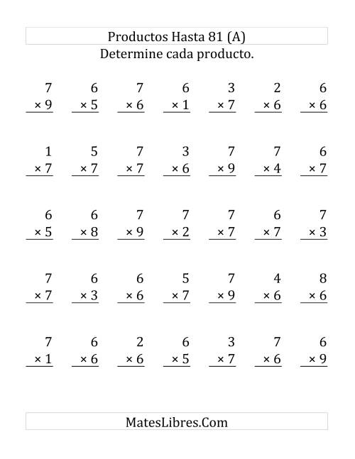 La hoja de ejercicios de Multiplicar de 1 a 9 por 6 y 7 (Grande)