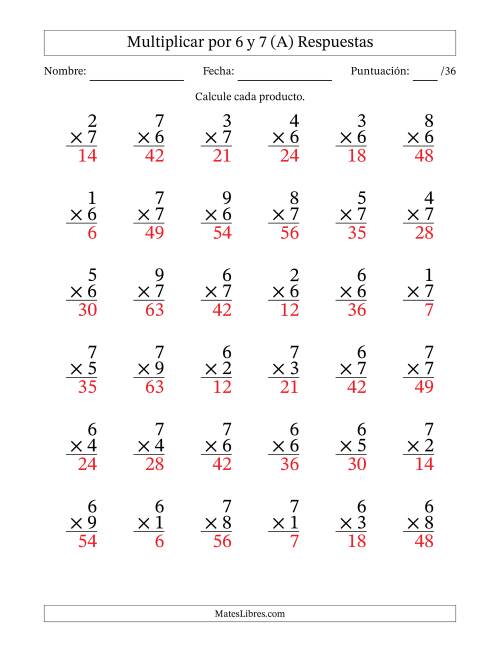 La hoja de ejercicios de Multiplicar (Factores de 1 a 9) por 6 y 7 (36 Preguntas) (Todas) Página 2