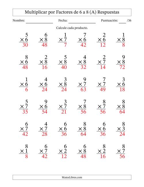 La hoja de ejercicios de Multiplicar (Factores de 1 a 9) por Factores de 6 a 8 (36 Preguntas) (A) Página 2