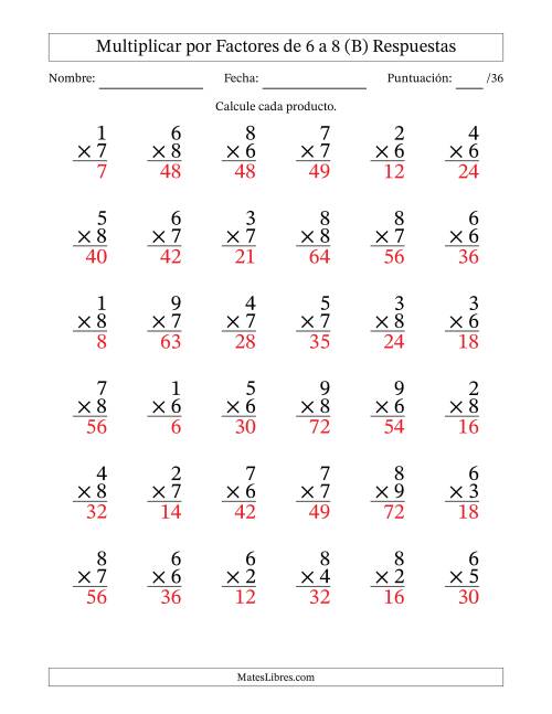 La hoja de ejercicios de Multiplicar (Factores de 1 a 9) por Factores de 6 a 8 (36 Preguntas) (B) Página 2