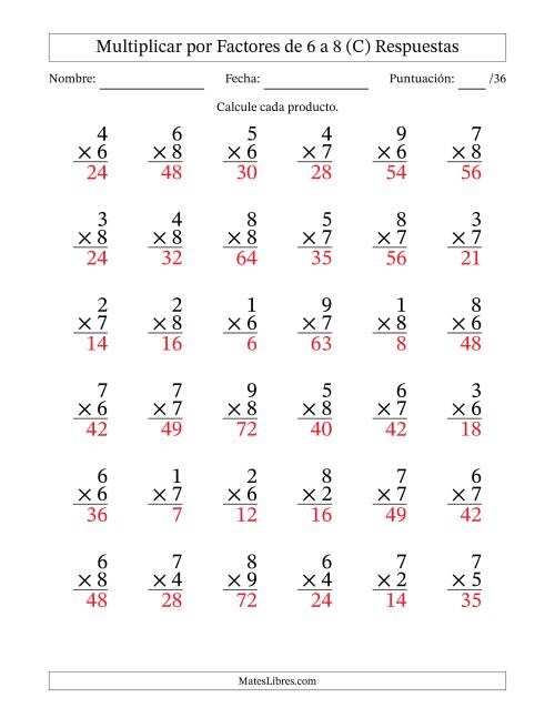 La hoja de ejercicios de Multiplicar (Factores de 1 a 9) por Factores de 6 a 8 (36 Preguntas) (C) Página 2