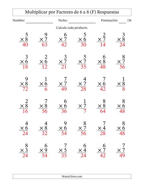 La hoja de ejercicios de Multiplicar (Factores de 1 a 9) por Factores de 6 a 8 (36 Preguntas) (F) Página 2