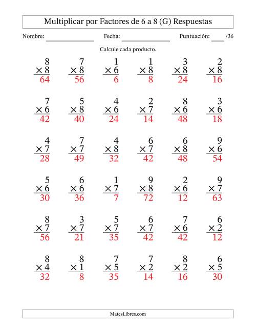 La hoja de ejercicios de Multiplicar (Factores de 1 a 9) por Factores de 6 a 8 (36 Preguntas) (G) Página 2